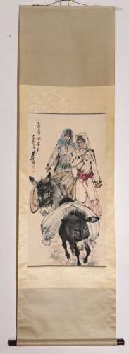 A Chinese Donkey Painting Scroll, Hunag Zhou Mark