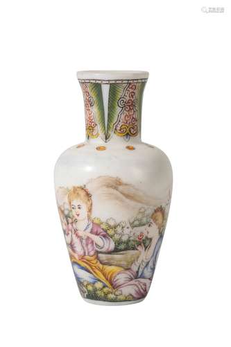 ENAMELLED GLASS 'EUROPEAN' DECORATED SNUFF BOTTLE, QIANLONG FOUR CHARACTER MARK AND POSSIBLY PERIOD