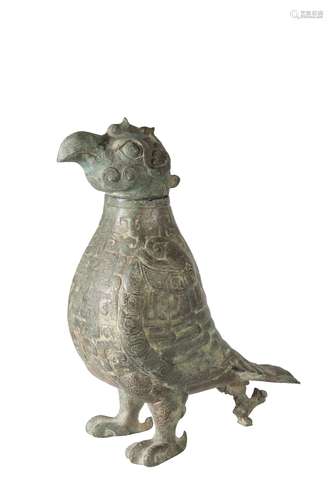 ARCHAISTIC BRONZE BIRD FORM RITUAL COVERED VESSEL