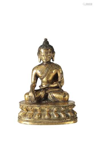 SMALL SEATED GILT-BRONZE BUDDHA, TIBET 16TH / 17TH CENTURY