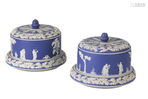 PAIR OF JASPERWARE CHEESE DOMES