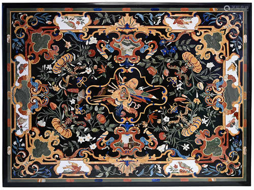 Pietra dura-Platte 120 x 90 cm. Schwarzgrundige rechteckige feine Platte mit einem umlaufenden