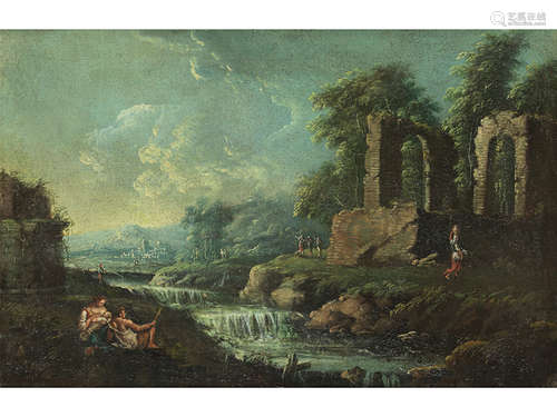 Maler des 18. Jahrhunderts BERGIGE LANDSCHAFT MIT RUINE UND FIGUREN Öl auf Leinwand. Doubliert. 50 x