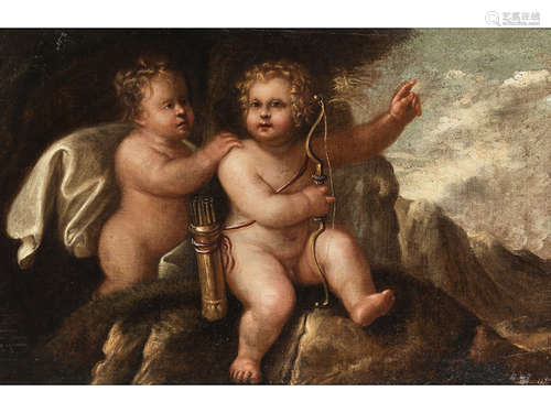 Italienischer Maler des 17./ 18. Jahrhunderts AMOR MIT PUTTO Öl auf Leinwand. 51 x 75,5 cm. In