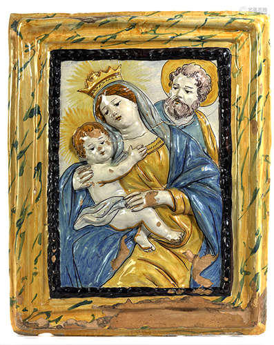 Majolika-Relief 48,5 x 39,5 cm. Wohl Castelli, 18./ 19. Jahrhundert. Terrakotta polychrom glasiert