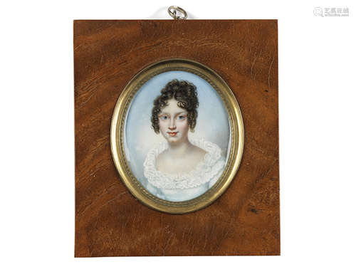 Miniatur mit einer Empire-Dame 9 x 8 cm. 14 x 12 cm. Frankreich, um 1825. Gouache auf Elfenbein.