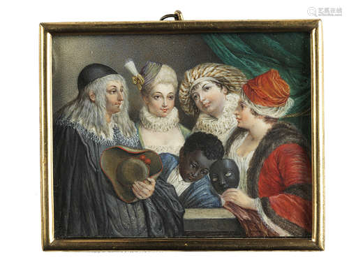 Miniatur Commedia dell'Arte 6,5 x 8,5 cm. Frankreich, 19. Jahrhundert. Rechteckiges Bildfeld in