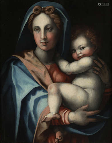 Florentinische Schule des 17. Jahrhunderts DIE MADONNA MIT DEM JESUSKNABEN Öl auf Holz. 67 x 51,5