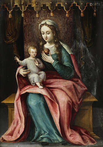 Flämischer Maler des 16. Jahrhunderts DIE MADONNA MIT DEM JESUSKNABEN Öl auf Holz. 44,5 x 32 cm. Das