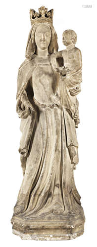 Große Skulptur der Maria mit dem Kinde Höhe: 175 cm. Breite: 60 cm. Tiefe: 35 cm. Frankreich, wohl