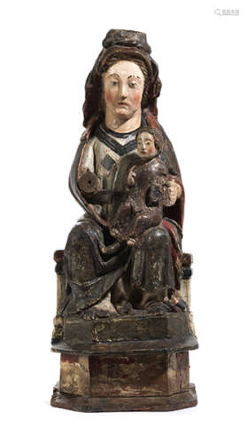 Frühe kastilische Madonna mit Kind Höhe: 59 cm. Sockelbreite: 23 cm. Tiefe: 16 cm. Spanien/