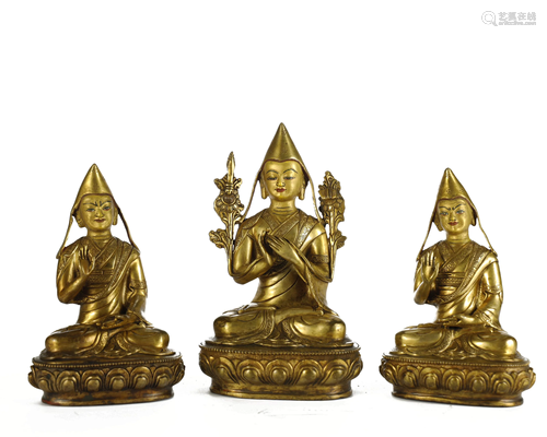 SET OF 3 GILT BRONZE BUDDHASTATUES