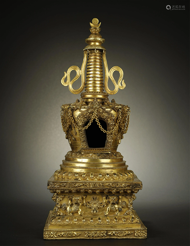 A LARGE GILT BRONZE PAGODA