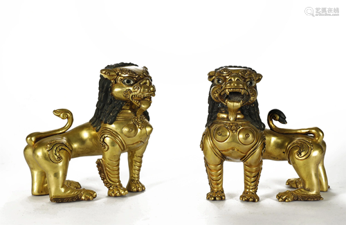 PAIR OF GILT BRONZE LION FIGURES