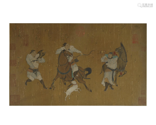 INK AND COLOR ON SILK/HUNTING SCENE