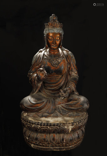 A LARGE GILT WOOD FIGURE OF GUA…