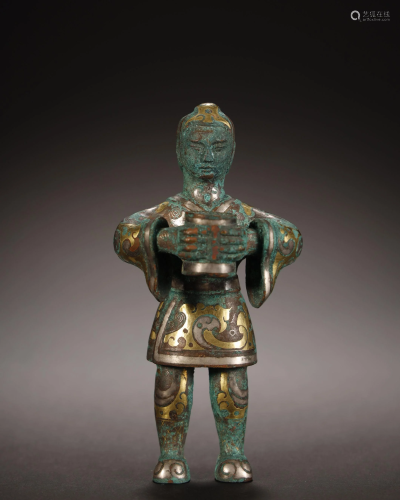 A GOLD INLAID BRONZE ATTENDANT FIG…