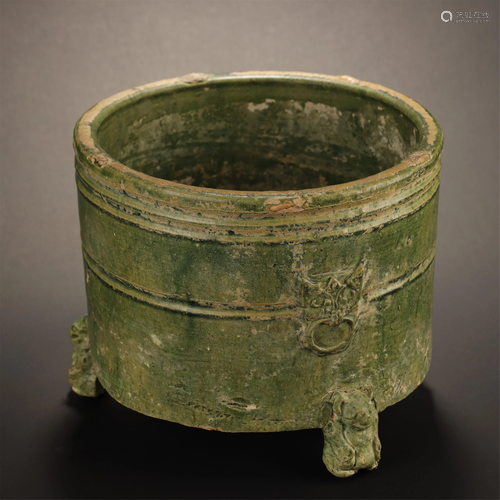 A GREEN GLAZED TRIPOD CENSER, HAN DY…