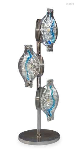 Angelo Brotto (1914-2002), a chromed and Murano glass three light lamp, produced by Esperia c.1970