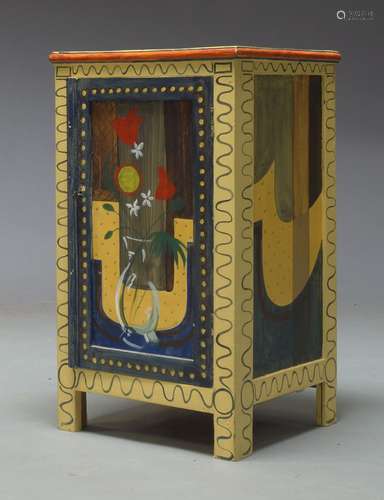 A Bloomsbury School style polychrome painted cupboard, late 20th Century, the cupboard door