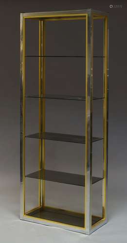 A set of Italian chromed and brass floor standing shelves in the manner of Romeo Rega, c.1970,