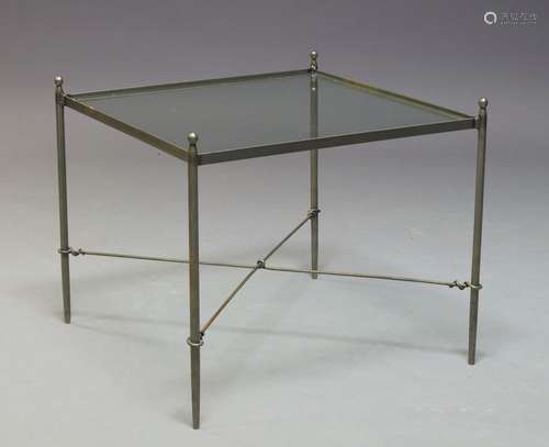 A contemporary steel coffee table, of recent manufacture, with square glass top on cylindrical