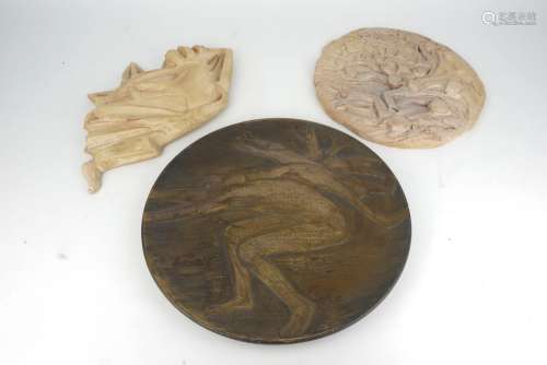 Robert Cook, British b.1921, Pushing, 1993, a carved ceramic plate with figures in relief, incised