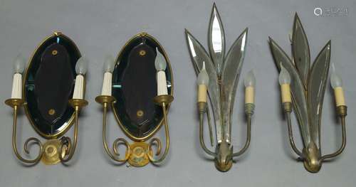 A pair of Italian brass and mirrored wall lights,c.1950, with oval mirror plates each with scrolling