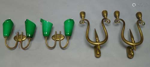 A pair of Italian brass wall lights, c.1950, each with scrolling sconce arms, 38cm each, together