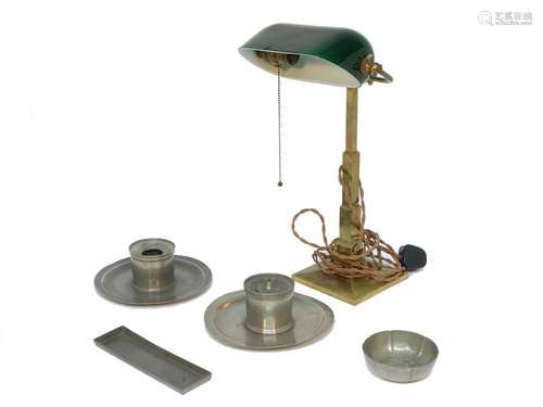 A League of Nation's desk lamp, 20th century, with central square stepped column, on tapering square