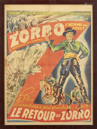 Zorro rides again, Le Retour de Zorro, French Moyenne Movie Poster, Imp. Delattre, framed and