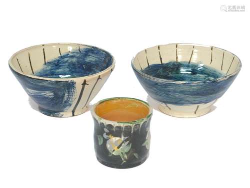 David Garland (1941-), a deep bowl c.1990, signed to base a cream glazed bowl with blue and brown