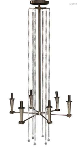 A large chromed six light chandelier, in the manner of Tommy Parzinger c.2000 With six tapered light