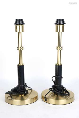 A pair of Continental brass and faux leather table lamps, c. 1990, 43cm high (2)Please refer to