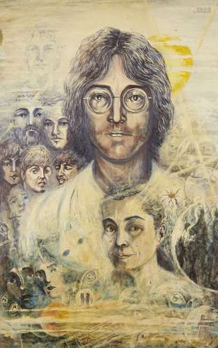 British School, mid-late 20th century- Portrait of John Lennon and Yoko Ono; oil on board, dated Jan