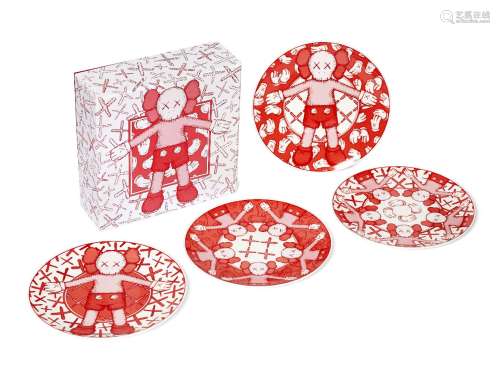 KAWS, American b.1974- Plate Set, 2019; set of four ceramic plates in red, each with artist's name