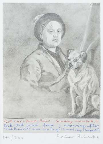 Sir Peter Blake CBE RDI RA, British b.1932- The Painter and his Pug (Trump), by Hogarth, 2015;