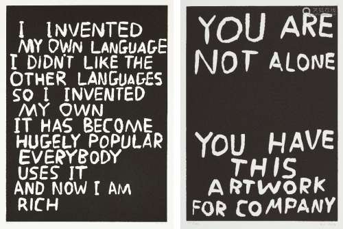 David Shrigley OBE, British b.1968- Untitled & You Are Not Alone, 2014; two linocuts on wove, each
