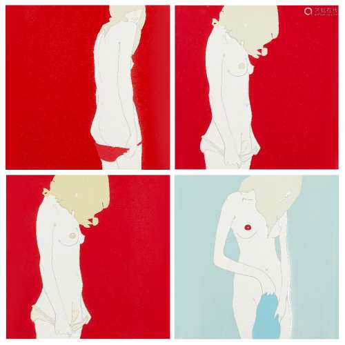 Natasha Law, British, b.1970- Untitled blue and red; four screenprints with gloss varnish in