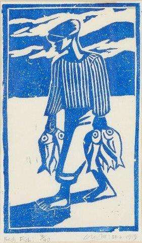 Peter Clarke, South African 1929-2014- Fresh Fish, 1959; woodblock print in colour, signed, dated,