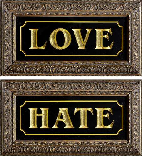 Ben Eine & Ryan Callahan, British b.1970 & 1981- Love/Hate, 2011; two screenprints in colours on