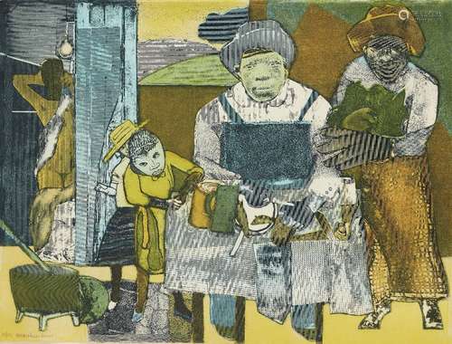 Romare Bearden, American 1911-1988- The Family, 1975; photo-etching and aquatint in colours on wove,