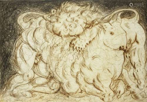 Roberto Barni, Italian b.1939- Toro E Leone, 1982; drypoint etching in colour, signed and numbered