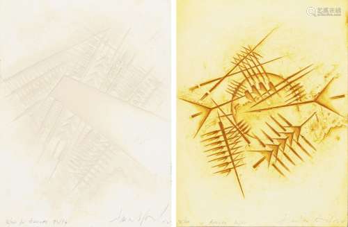 Arnaldo Pomodoro, Italian b.1926- Auguri, 90/91 and 93-/4; two chalcographic engravings in colour,
