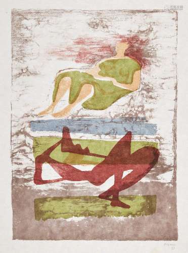 Henry Moore OM CH FBA, British 1898-1986- Two Reclining Figures on Striped Background [Cramer