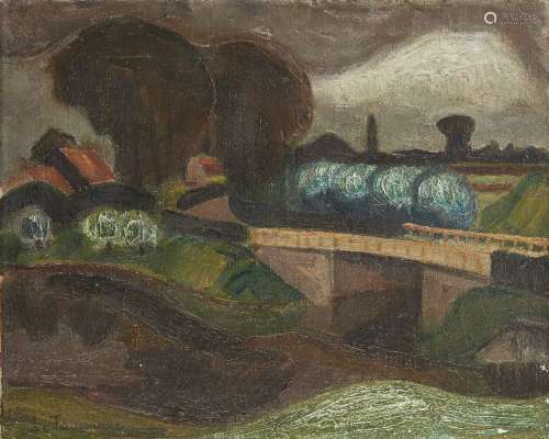Henri Le Fauconnier, French 1881-1946- Paysage avec un pont (landscape with a bridge), circa 1915;