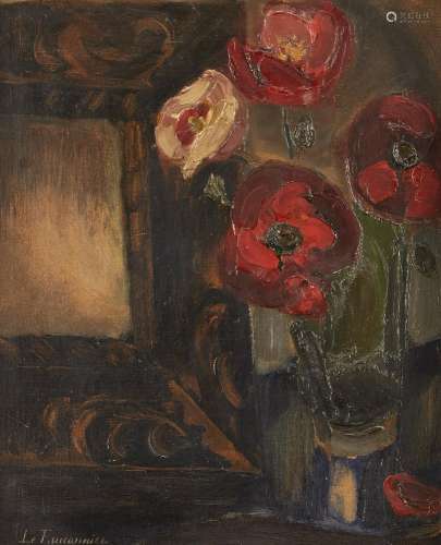 Henri Le Fauconnier, French 1881-1946- Still life with poppies in a vase and a picture frame,