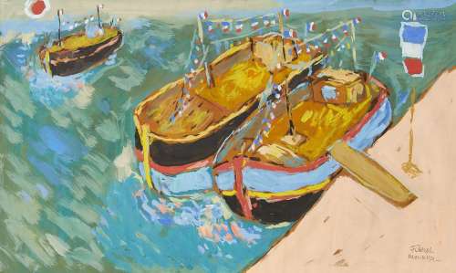 Fikret Mualla, Turkish 1903-1967- Péniches sur la Seine; gouache, signed lower right, 34.7 x 55.8 (