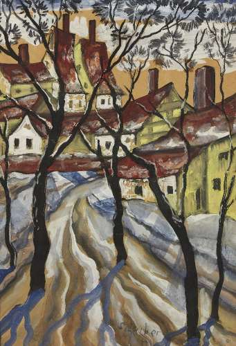 Hugó Scheiber, Hungarian 1873-1950- Road to the Village; gouache, signed lower right, 59 x 41cm (
