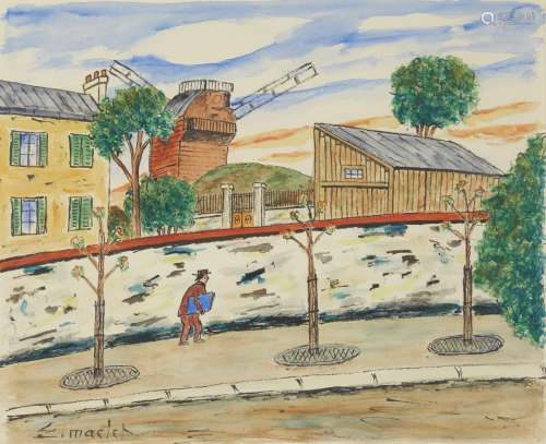 Élisée Maclet, French 1881-1962- Le moulin; watercolour and black ink on paper, signed lower left,